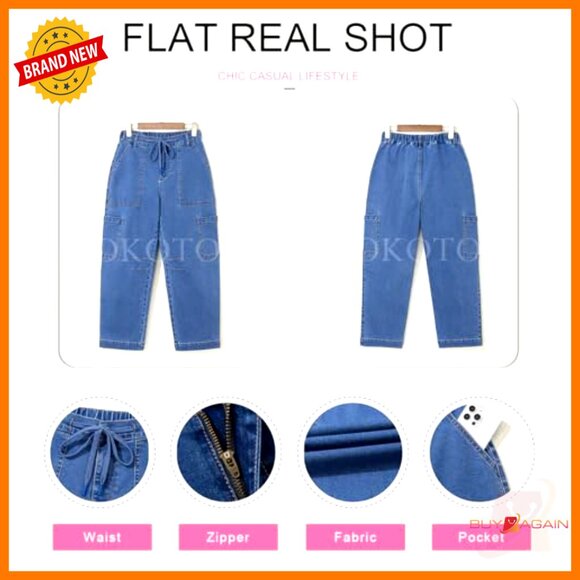 High Waisted Straight Wide Leg Cargo Denim Pants Loose Fit with Pockets - Picture 6 of 7